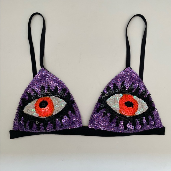 Discount Universe Eye Bra Top purple RARE rave festival bikini sequined EDC Sz S - Picture 15 of 15
